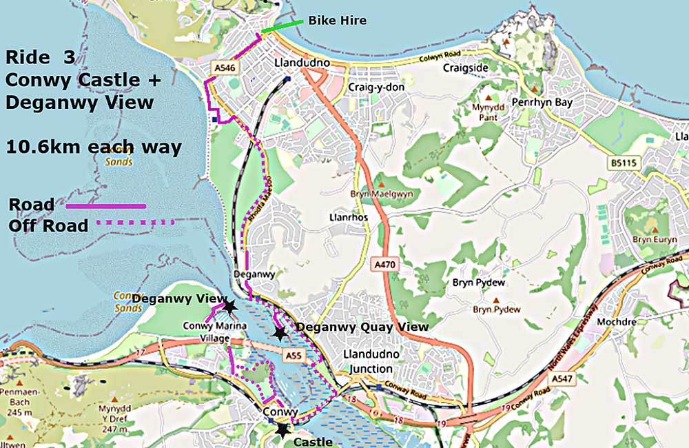 Map, Ride 3 Conwy Castle and Deganwy View 